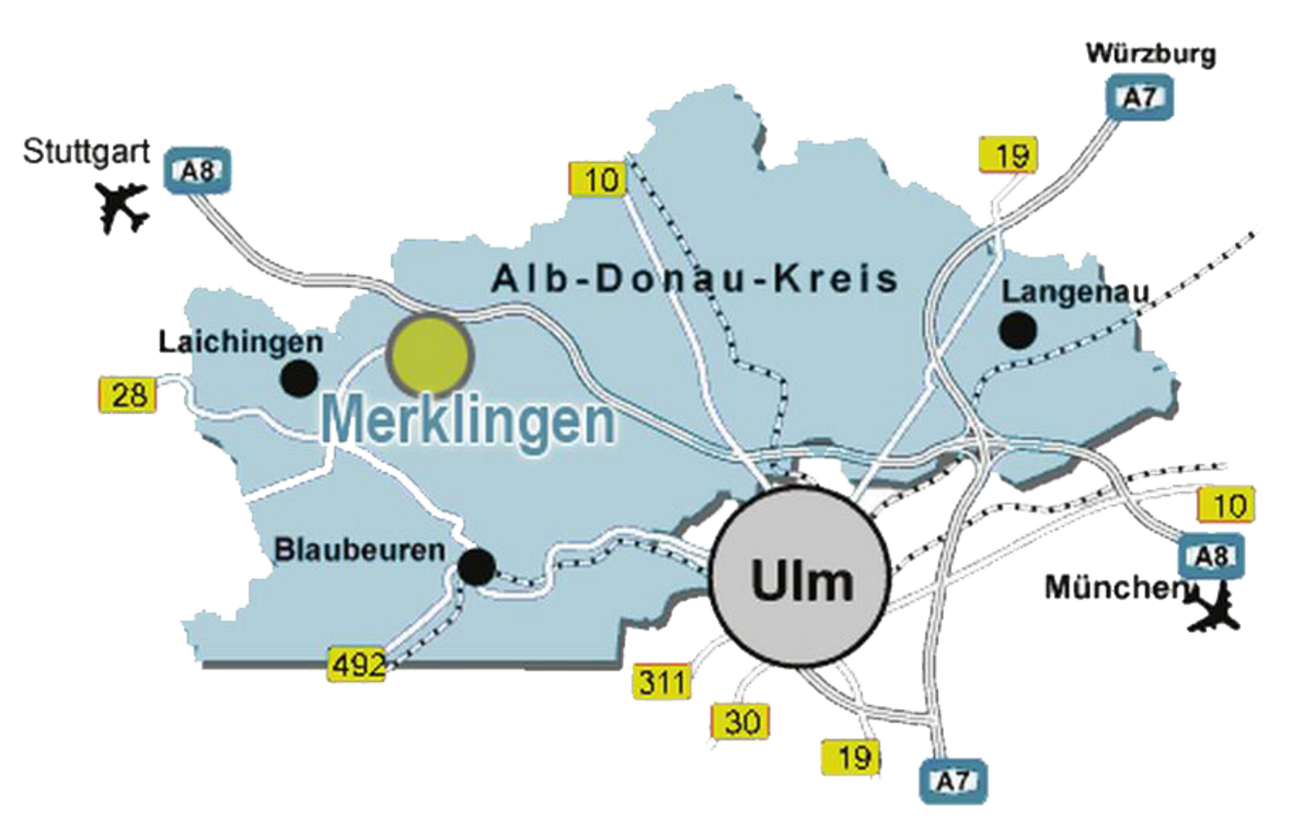 Karte mit Anfahrtsmöglichkeiten nach Merklingen über die Bundesstraßen und Autobahnen
