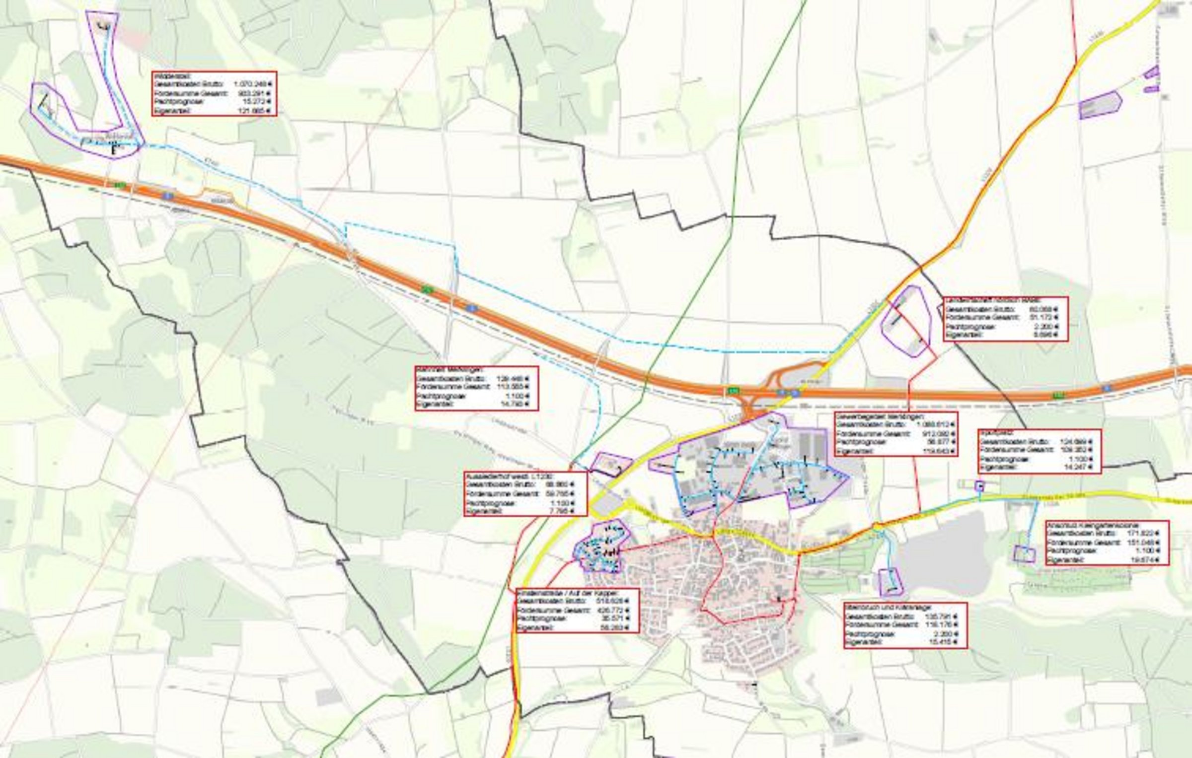 Karte von Merklingen und Widderstall mit den einzelnen Anschlussgebieten